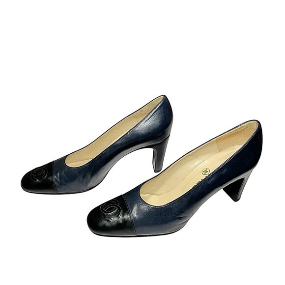 CHANEL Vintage Black & Blue Leather Logo Classic Chunky Heel Pumps - Picture 4 of 11